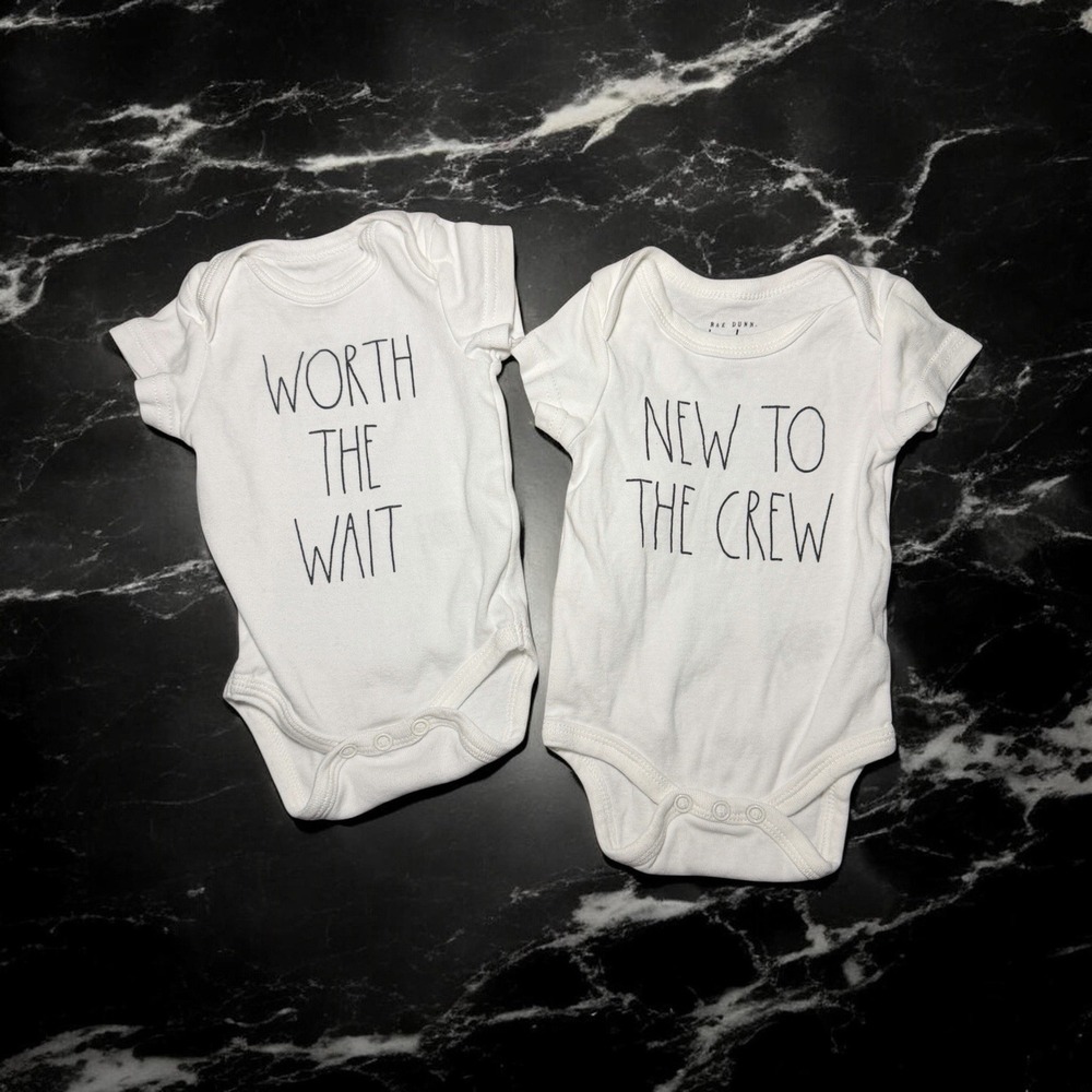 Rae Dunn "New To The Crew" "Worth The‎ Wait" Baby One Piece 0-3 Months